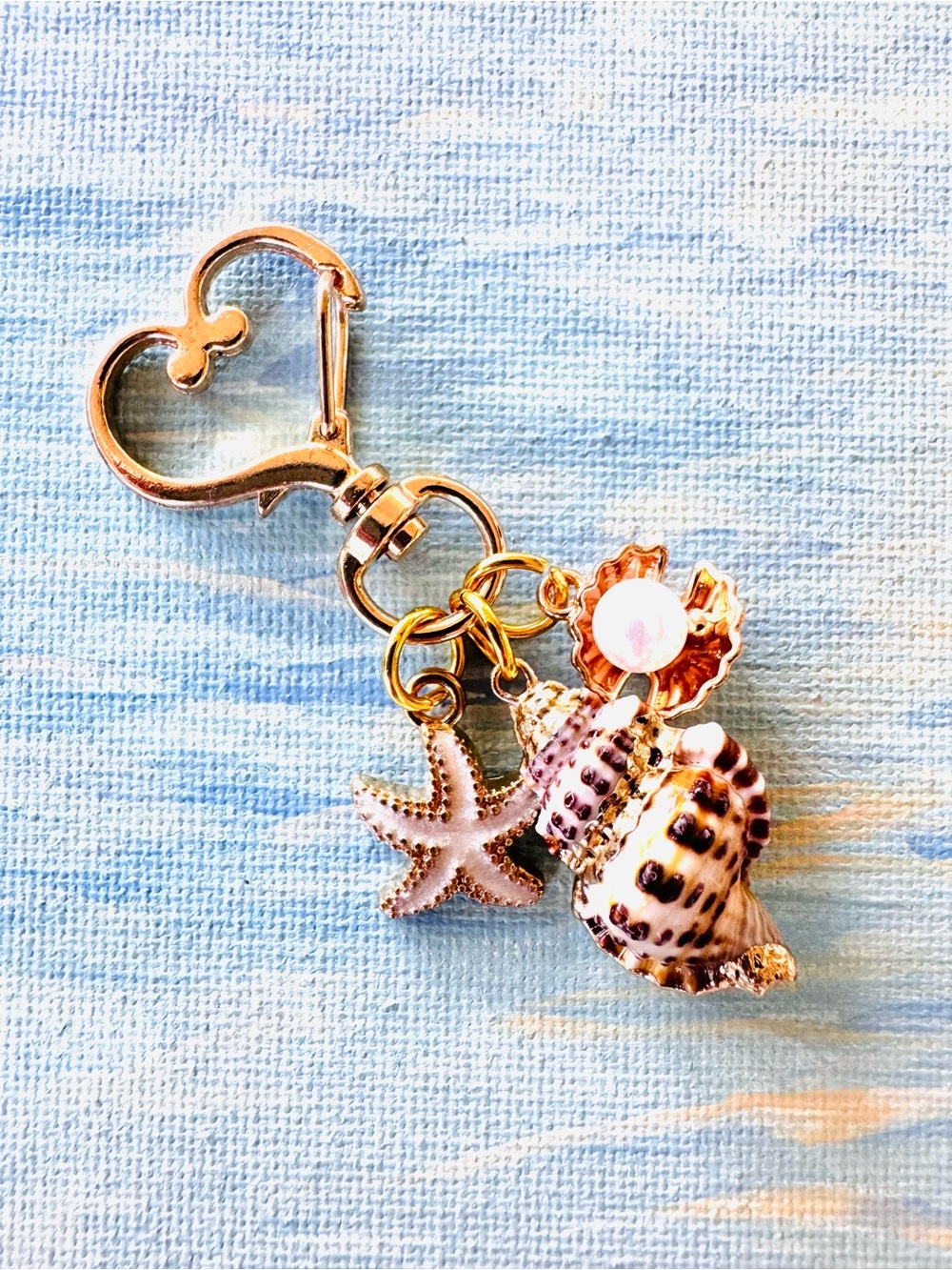 Gold Shell,Starfish, clam Keychain / purse Charm 2.5” enamel metal